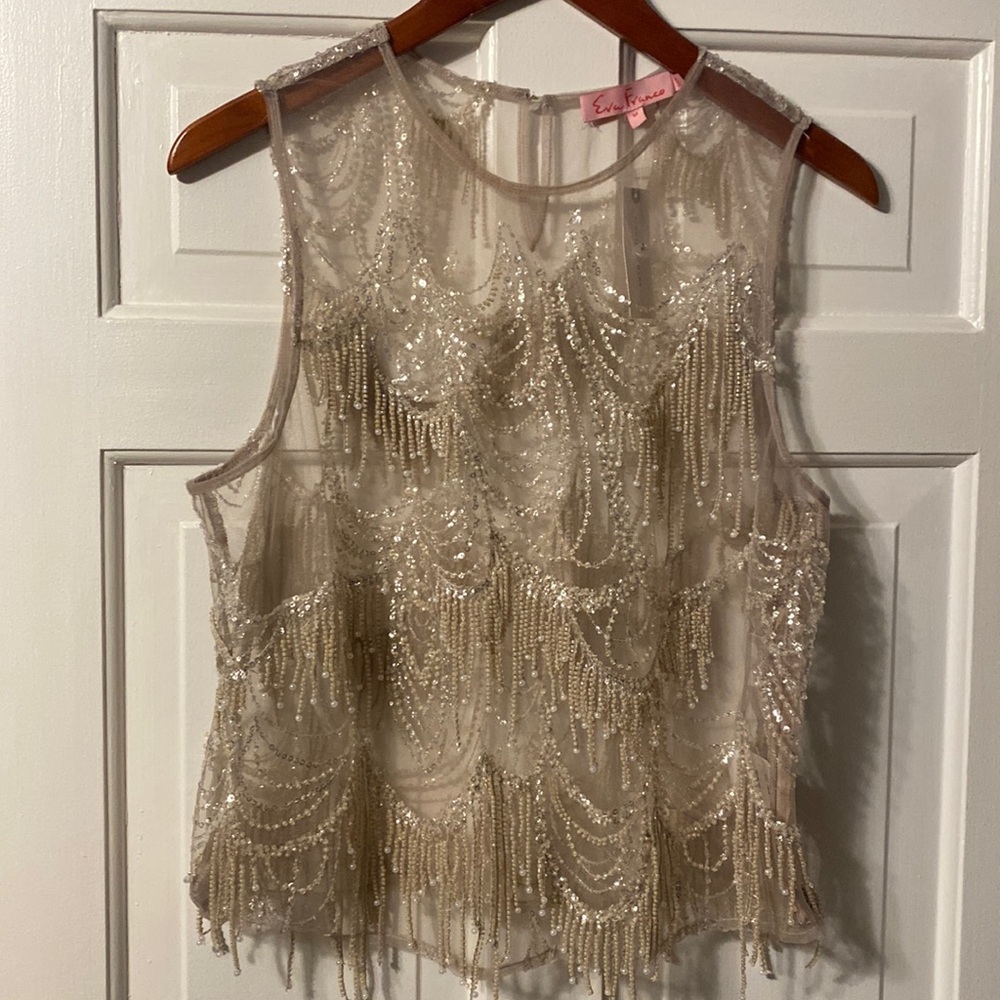Anthropologie Beaded Sheer Fringe Tank Top in Champagne